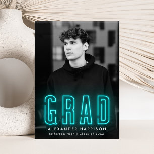 Modern Cyan Neon Vertical Photo Graduation Announcement