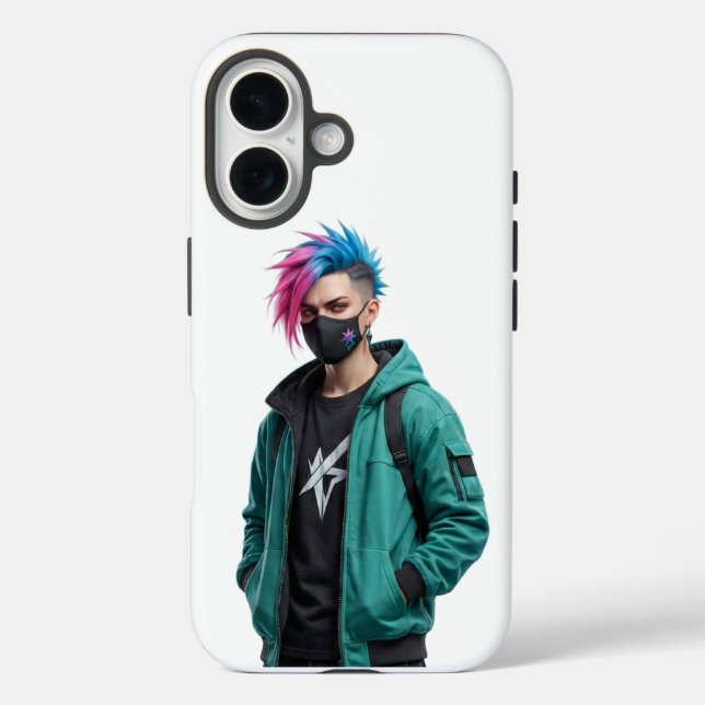 Modern Cyberpunk Anime Boy Graphic iPhone 15 Case (Back)