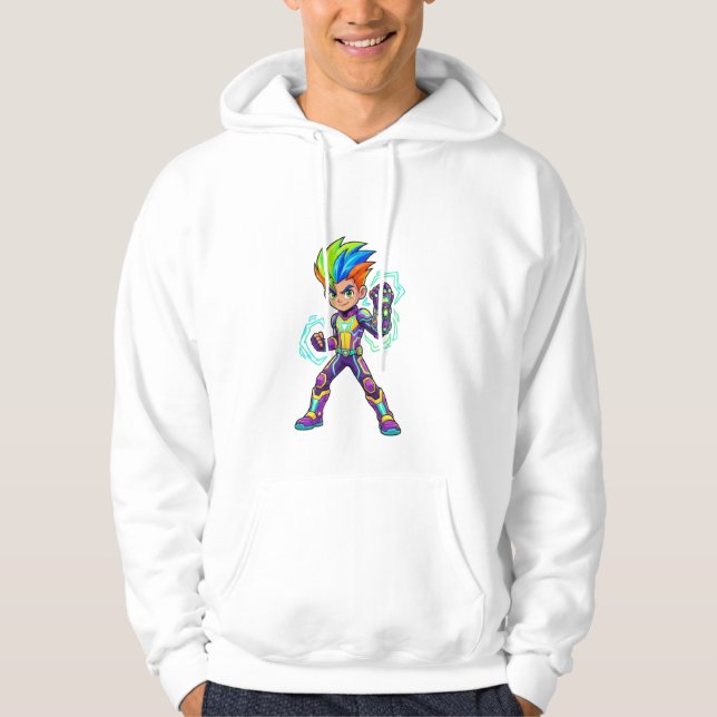 Modern Cyberpunk Anime Boy & Majestic Golden Lion  Hoodie (Front)