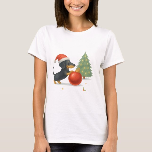 Modern Dachshund Christmas Puppy  - Playful Design T-Shirt (Front)