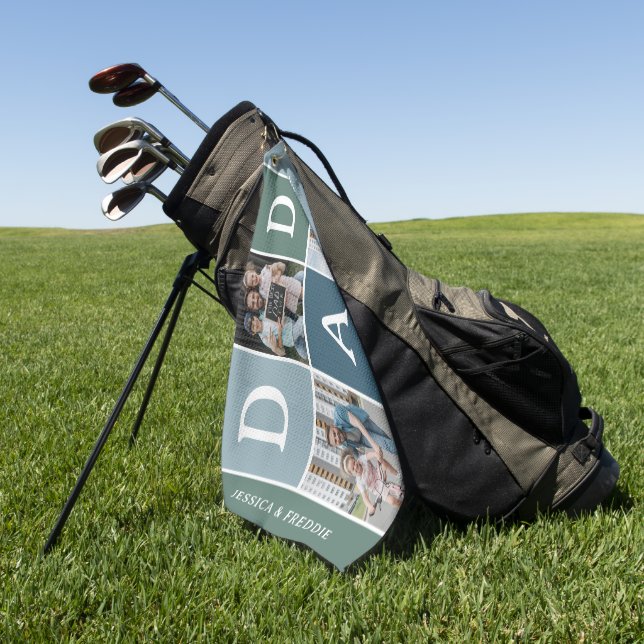 Modern 'DAD' 3 Photo Gift Golf Towel (Green)