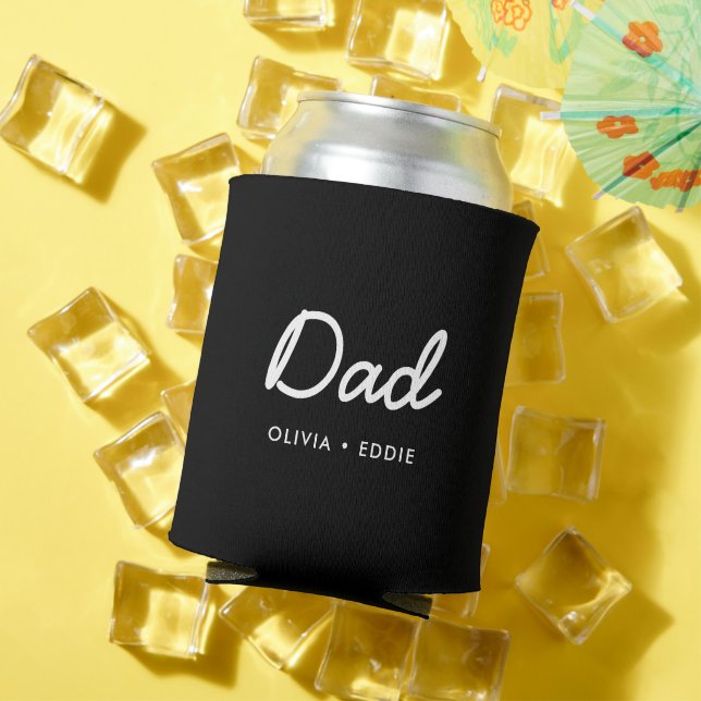 Modern Dad | Kids Names Father's Day Script Black Can Cooler (In Situ Summer)