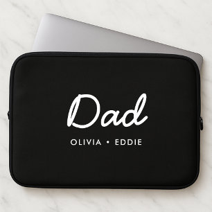 Modern Dad Kids Names Father's Day Script Black Laptop Sleeve