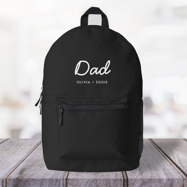Modern Dad | Kids Names Father's Day Script Black Printed Backpack (Creator Uploaded)