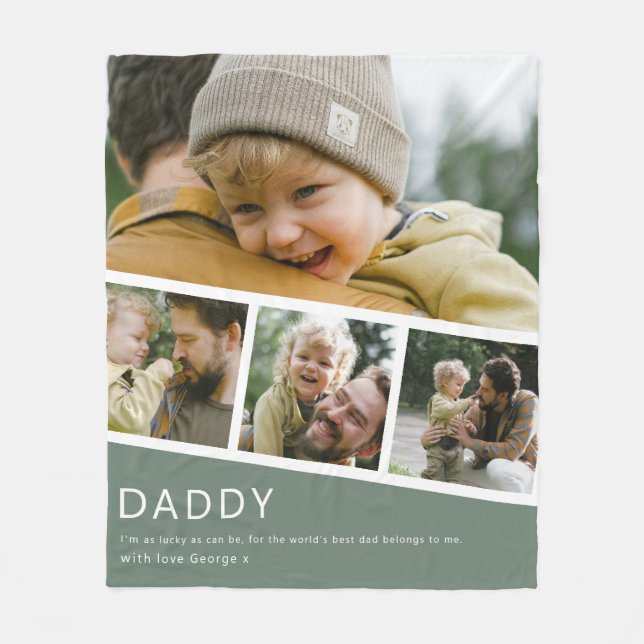 Modern Daddy Photo Strip Collage Green Fleece Blanket (Front)