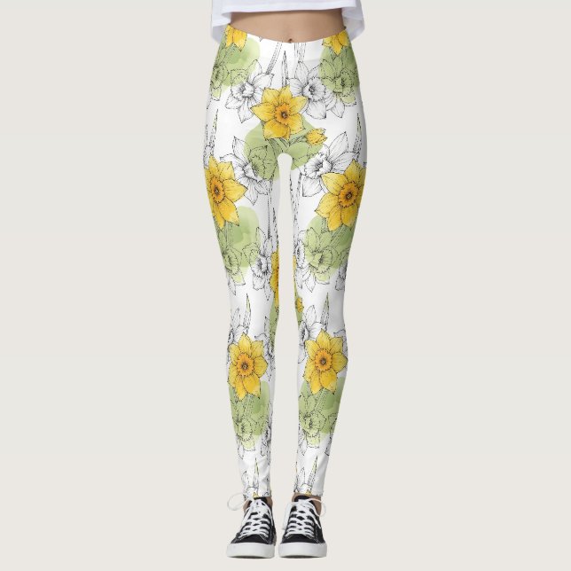 Modern Daffodil Botanical Pattern Leggings (Front)