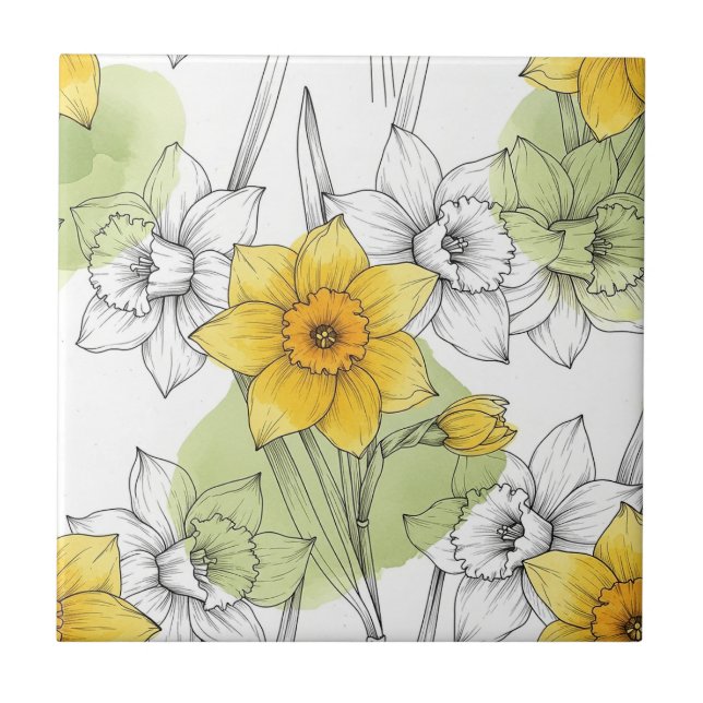 Modern Daffodil Botanical Pattern Tile (Front)