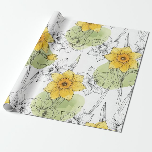 Modern Daffodil Botanical Pattern Wrapping Paper (Unrolled)