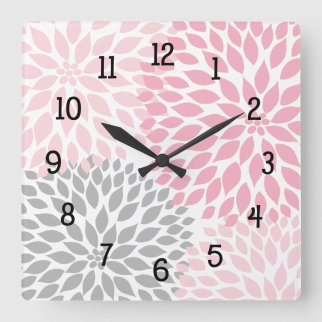 Modern Dahlia flowers pink and grey grey Square Wall Clock (Front)