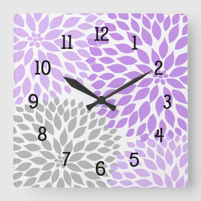 Modern Dahlia flowers purple lavender gray grey Square Wall Clock (Front)
