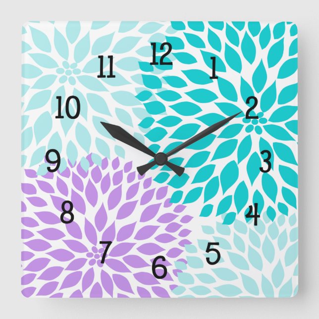 Modern Dahlia flowers turquoise lavender purple Square Wall Clock (Front)