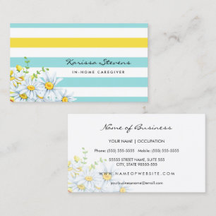 Modern Daisies Aqua and Yellow Stripes Caregiver Business Card