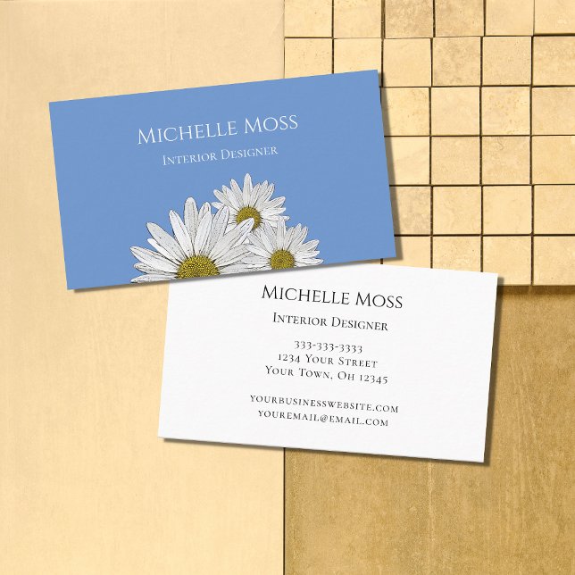 Modern Daisies Botanical Interior Designer Blue Business Card (Creator Uploaded)