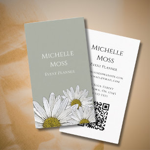 Modern Daisies Botanical QR code Simple Grey  Business Card