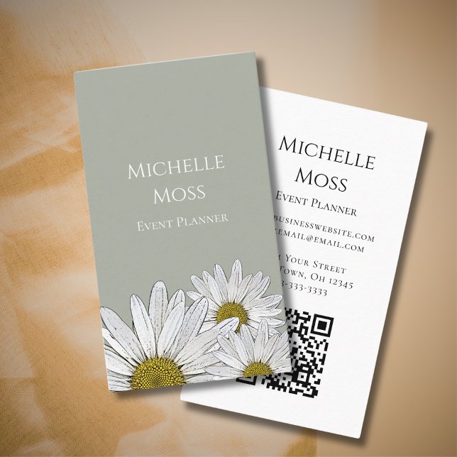 Modern Daisies Botanical QR code Simple Grey  Business Card (Creator Uploaded)
