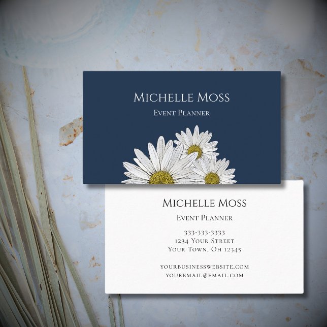 Modern Daisies Botanical Simple Navy Blue  Business Card (Creator Uploaded)