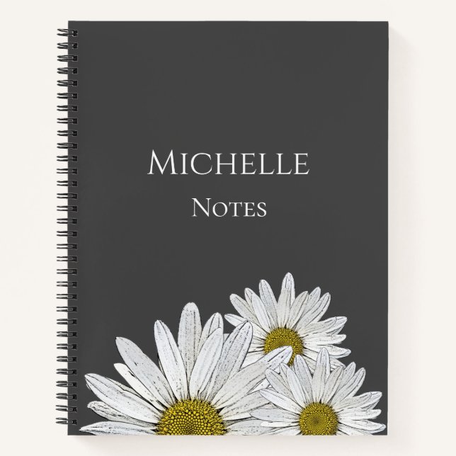 Modern Daisies Floral Botanical Grey Notebook (Front)