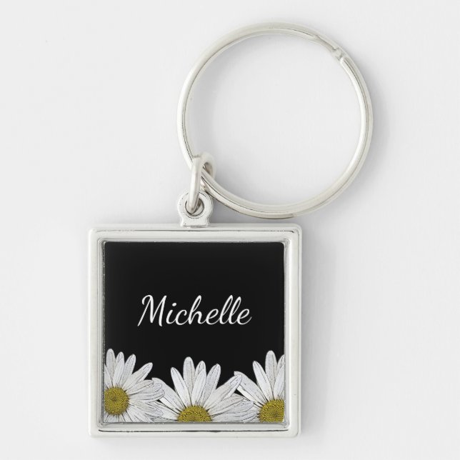 Modern Daisies Floral Rustic Black White  Key Ring (Front)