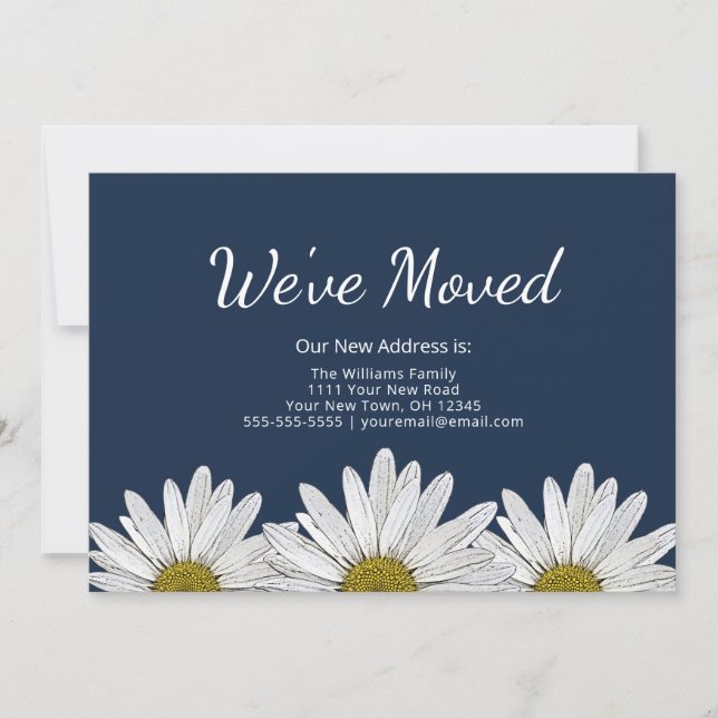 Modern Daisies Navy Blue Floral Moving Announcement (Front)