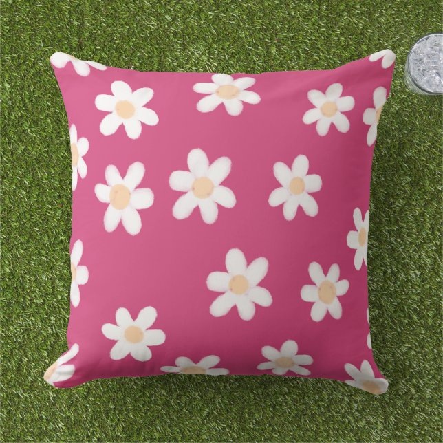 Modern Daisies on Pink Outdoor Cushion (Grass)