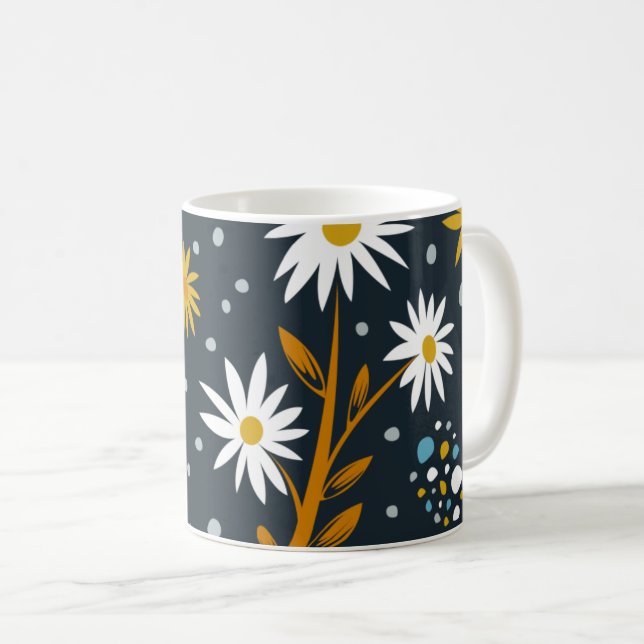 Modern Daisies Pattern on Dark Blue Coffee Mug (Front Right)