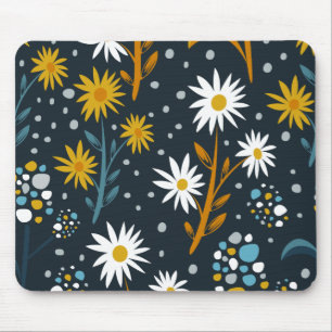 Modern Daisies Pattern on Dark Blue Mouse Mat