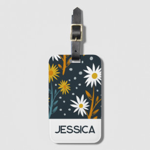 Modern Daisies Pattern on Dark Blue Personalised Luggage Tag
