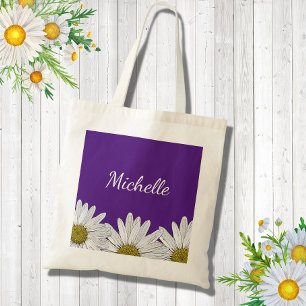 Modern Daisies Purple Trendy Floral Tote Bag