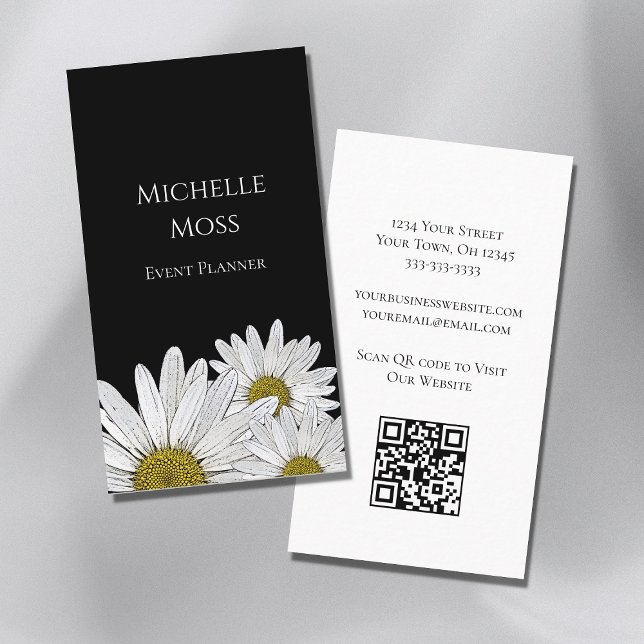 Modern Daisies QR code Black White Floral Business Card (Creator Uploaded)