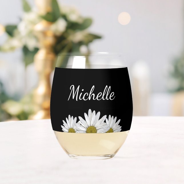 Modern Daisies Rustic Floral Black Stemless Wine Glass (Insitu (Wedding))
