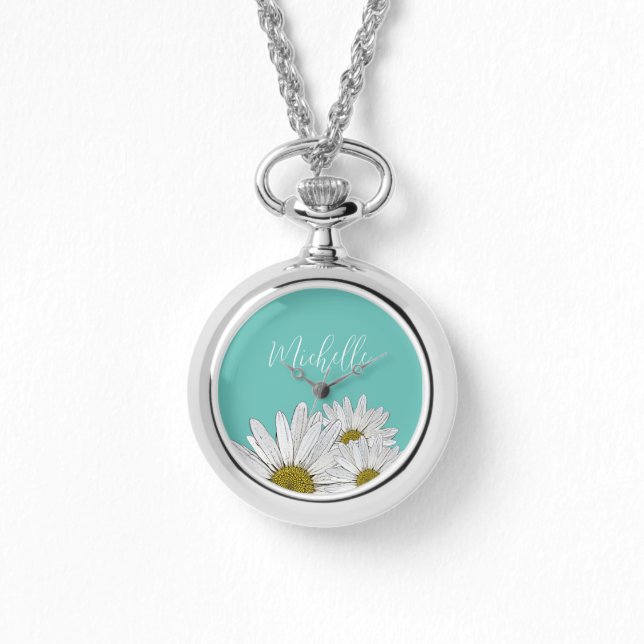 Modern Daisies Trendy Teal Floral Botanical  Watch (Front)