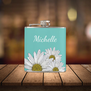 Modern Daisies Trendy Teal Green Botanical  Hip Flask