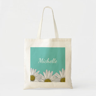 Modern Daisies Trendy Teal Green Floral Tote Bag
