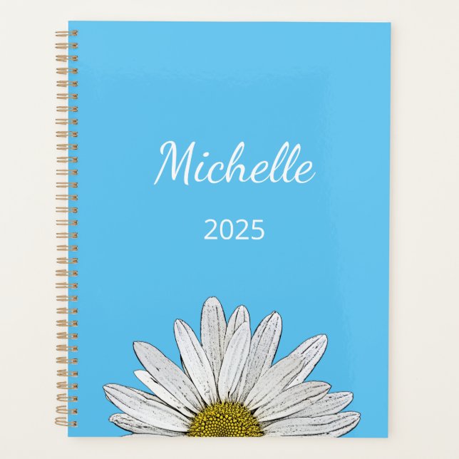 Modern Daisy 2025 Cute Script Floral Blue Planner (Front)