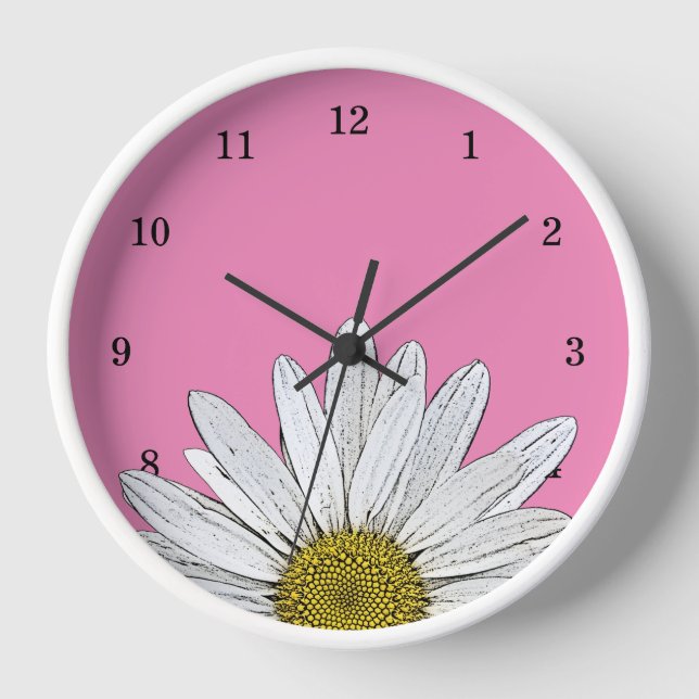 Modern Daisy Country Floral Pink Clock (Front)