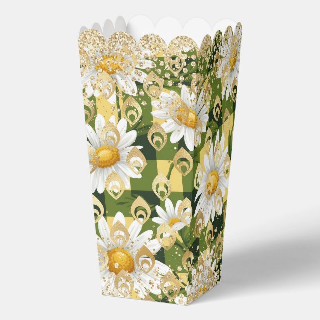 Modern Daisy Floral Chequerboard Gold Glitter Favour Box (Front)