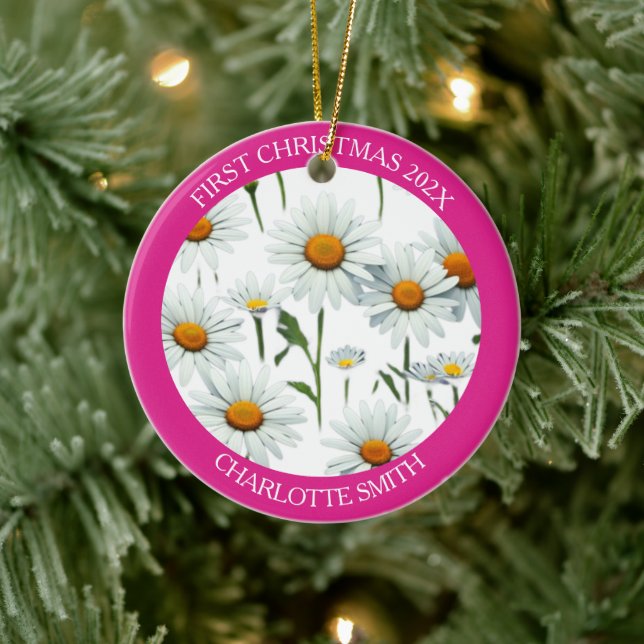Modern Daisy Pink First Christmas Ceramic Tree Decoration (Tree)