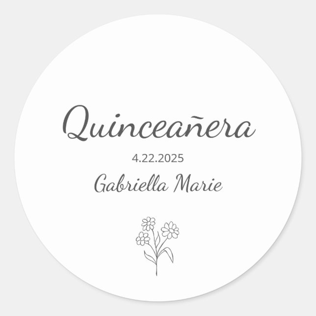 Modern Daisy Quinceañera Elegant Grey Typography Classic Round Sticker (Front)