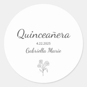 Modern Daisy Quinceañera Elegant Grey Typography Classic Round Sticker