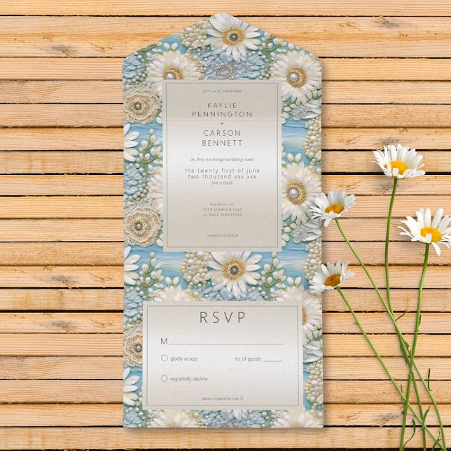 Modern Daisy Satin & Pearls Relief No Dinner All In One Invitation (Modern Daisy Satin & Pearls Relief No Dinner All In One Invitation)