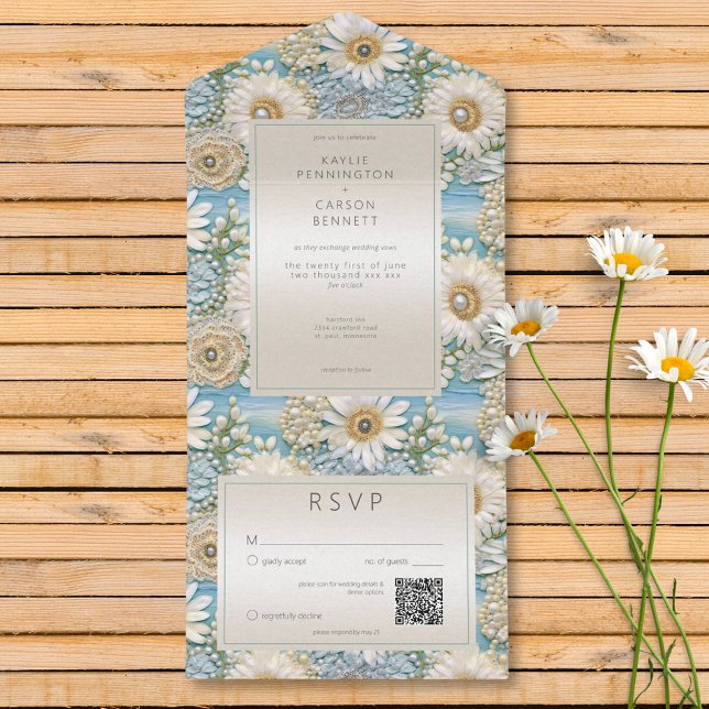 Modern Daisy Satin & Pearls Relief QR Code All In One Invitation (Modern Daisy Satin & Pearls Relief QR Code All In One Invitation)