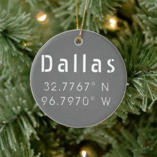 Modern Dallas Latitude and Longitude Ceramic Tree Decoration