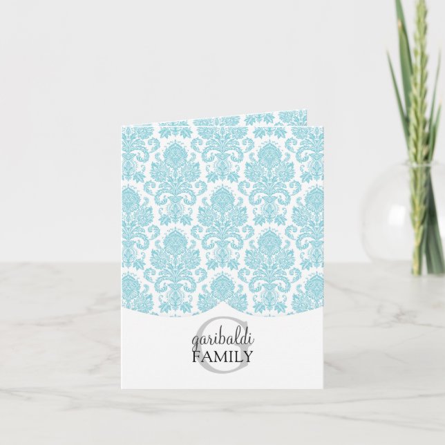 Modern Damask Aqua Family Personalised Note Card (Front)