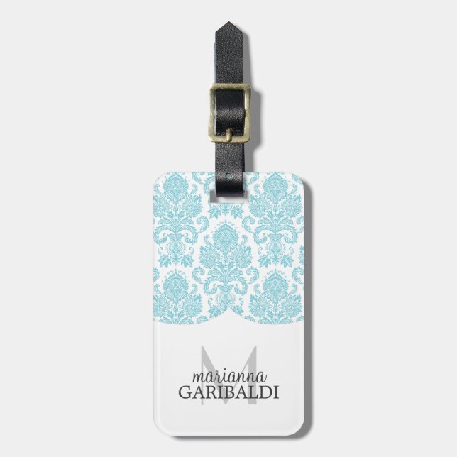 Modern Damask Aqua Personalised Luggage Tag (Front Vertical)