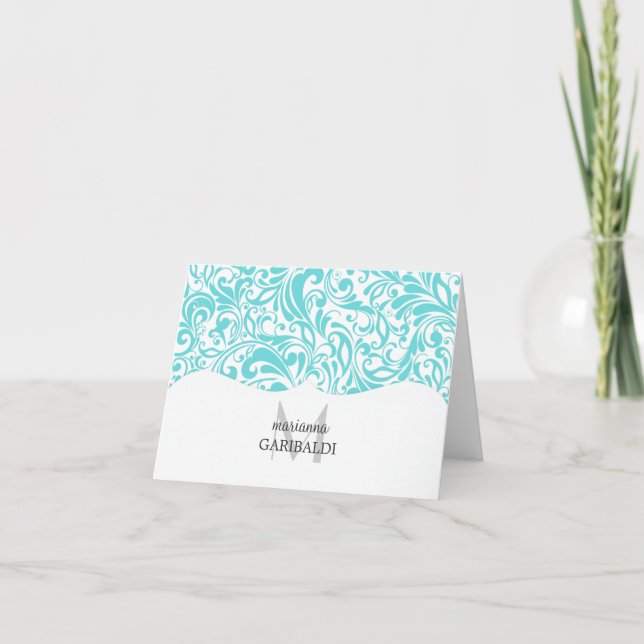 Modern Damask Aqua Personalised Note Card (Front)