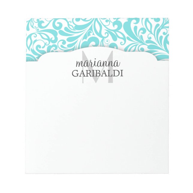 Modern Damask Aqua Personalised Notepad (Front)