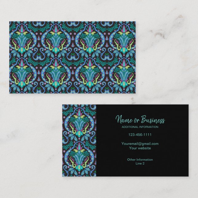 Modern Damask Art Deco Black Turquoise Blue Business Card (Front/Back)