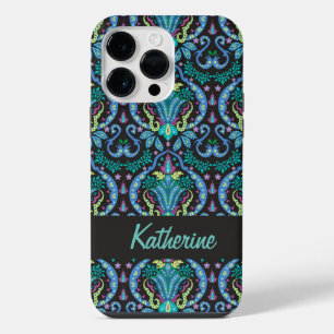 Modern Damask Art Deco Black Turquoise Blue Name iPhone 14 Pro Max Case