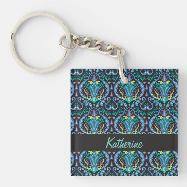 Modern Damask Art Deco Black Turquoise Blue Name Key Ring (Front)
