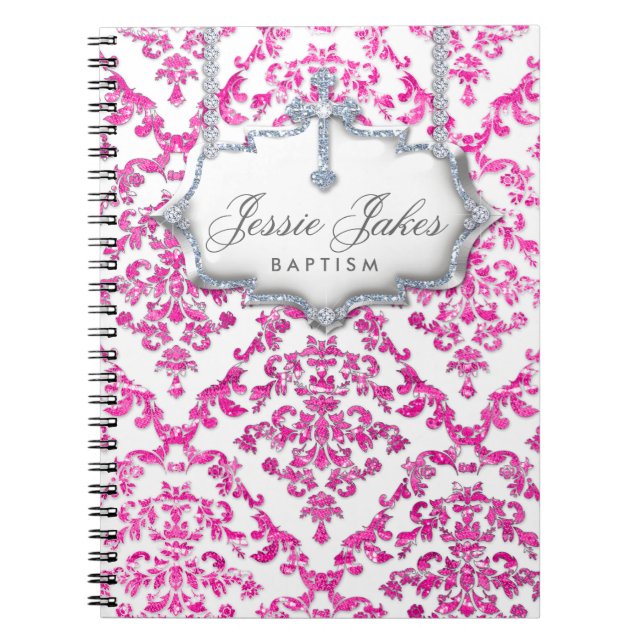 Modern Damask Baptism Christening Guest Book (Front)